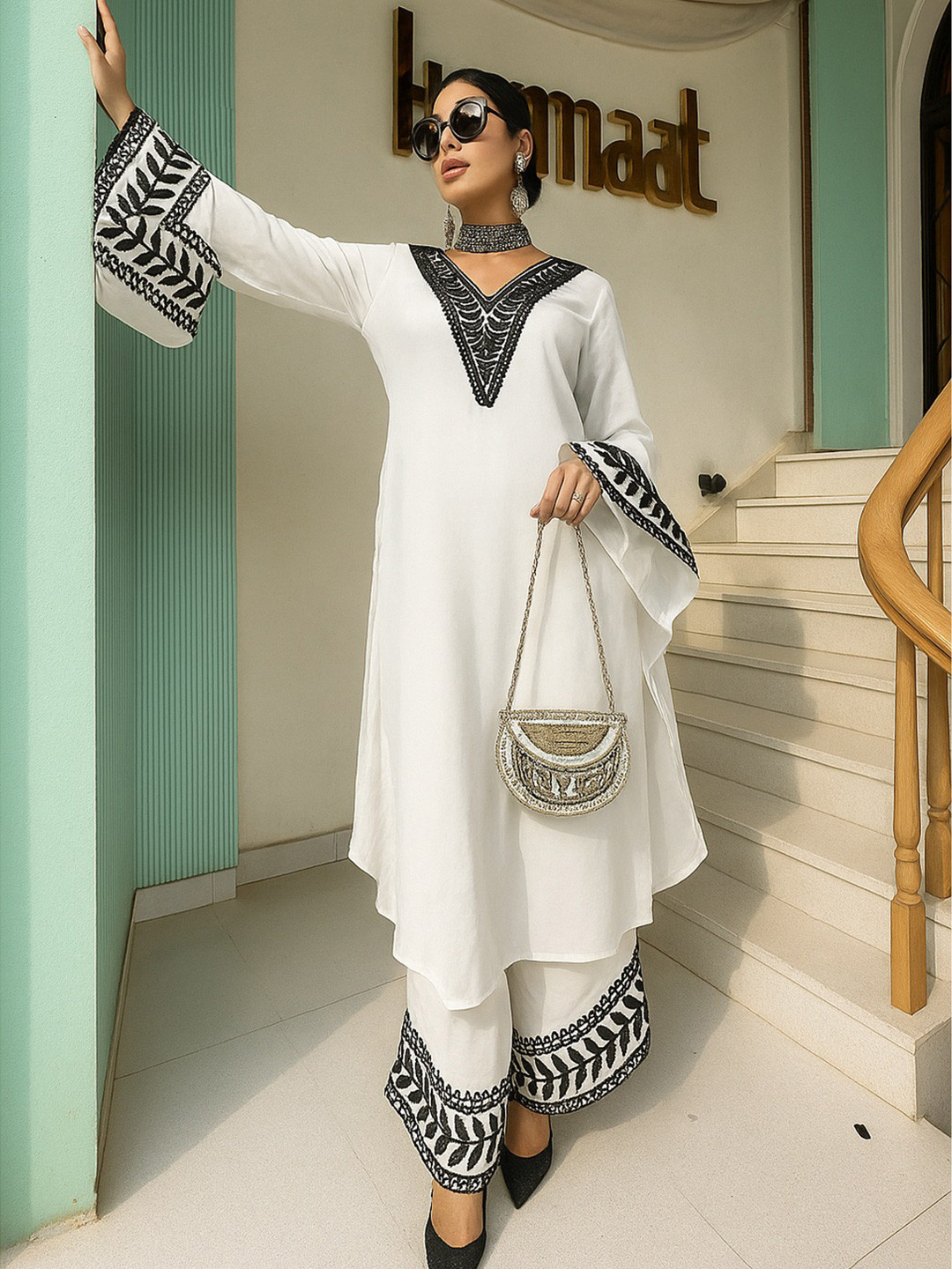 MISS CLOTHING Ethnic Motifs Embroidered Aari Work Georgette Kurta With Trousers