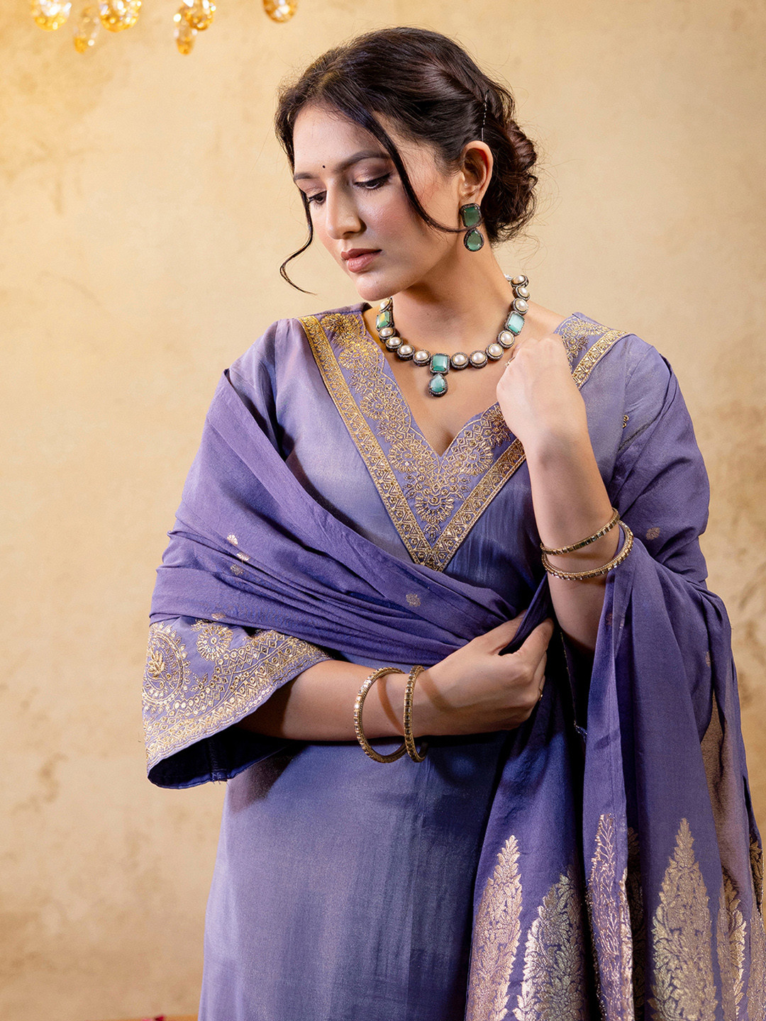 Skylee Pop Woven Design Embroidered Straight Sequinned Kurta With Trousers & Dupatta