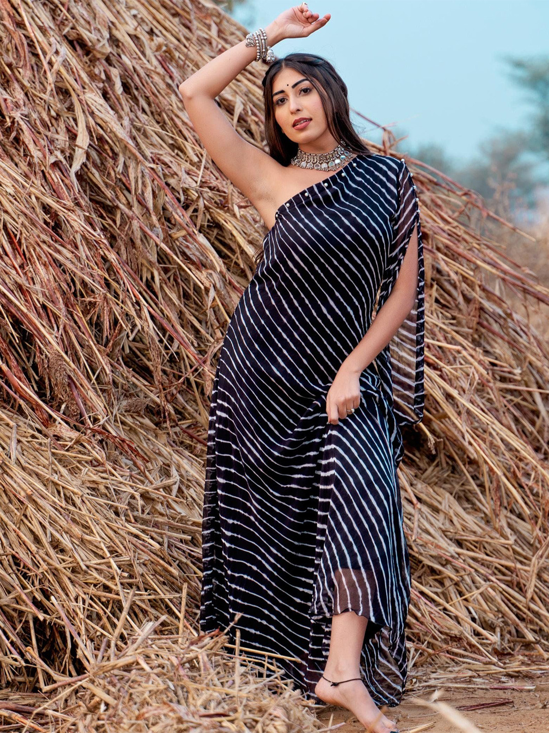 Thread & Button Women Striped One Shoulder Slit Sleeve A-Line Maxi Dress
