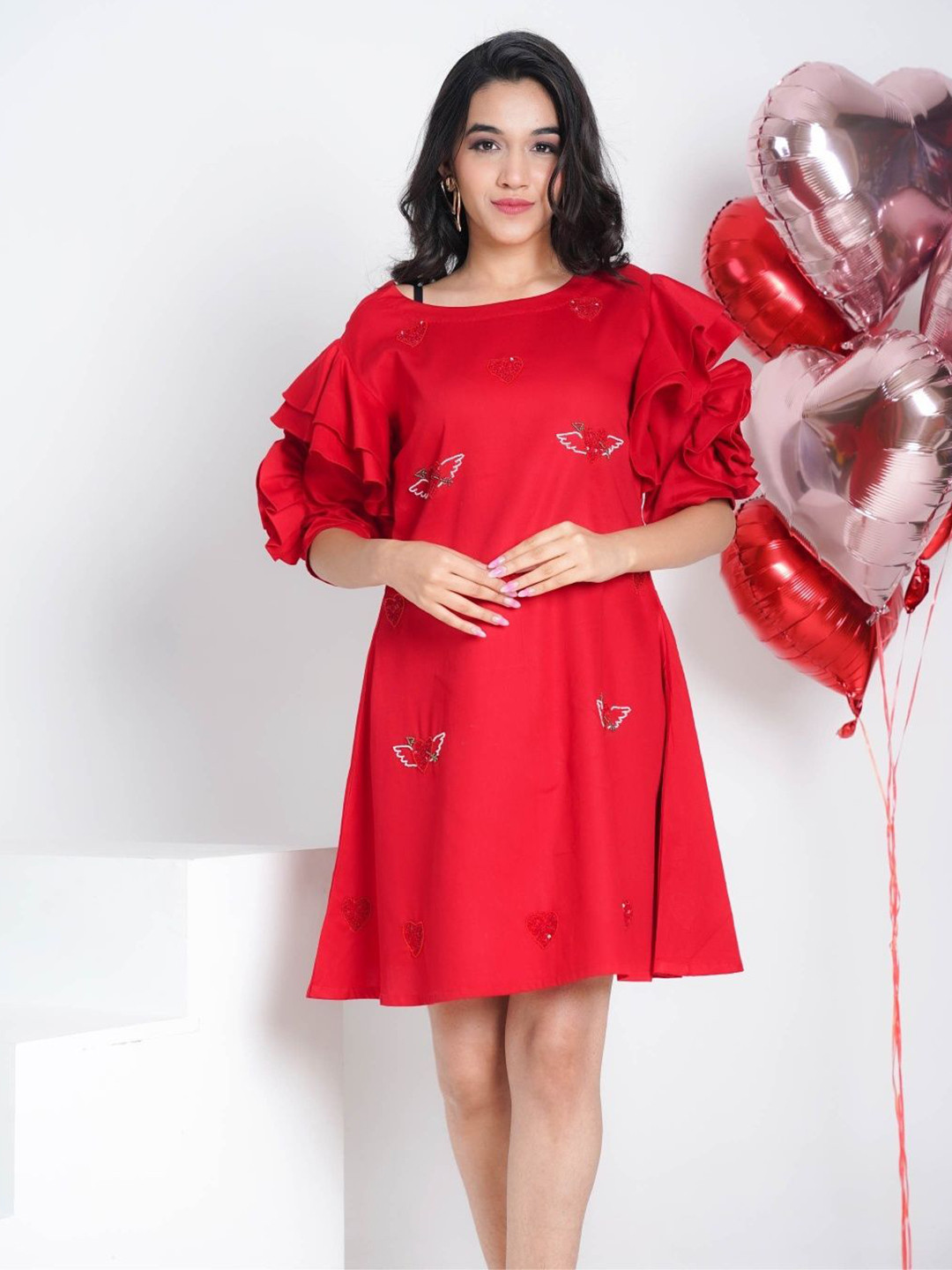 Pearls and Pastels Women Heart Embroidered Flutter Sleeves Pure Cotton A-Line Mini Dress