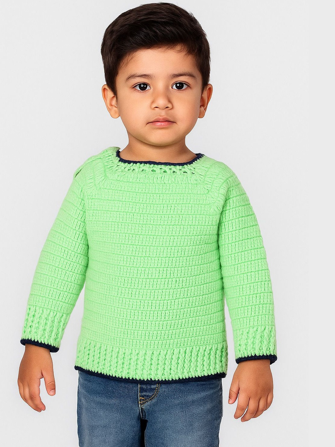 Sabinagarments Unisex Kids Green Open Knit Woolen Sweaters