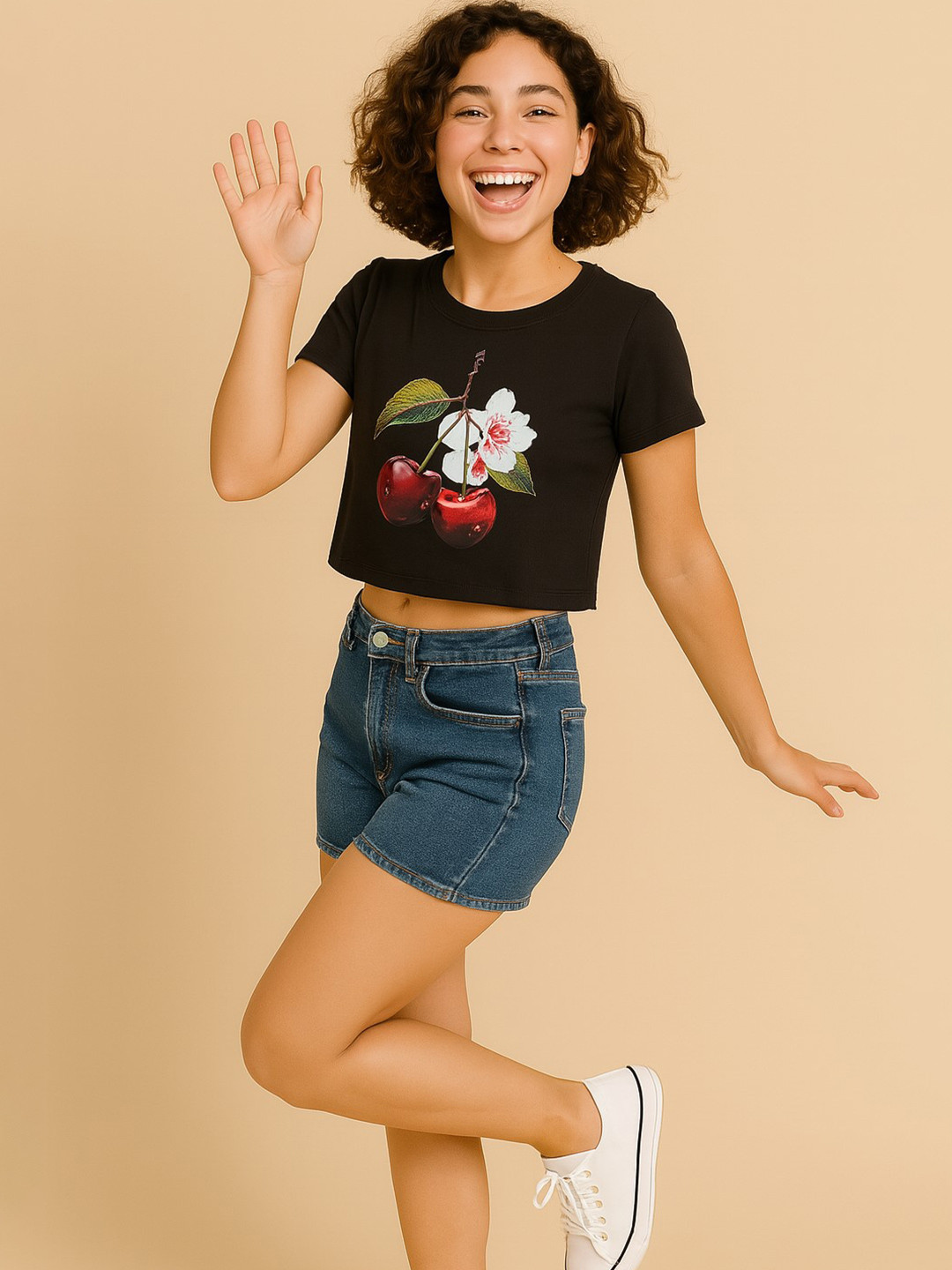 Baawri Girls Graphic Printed Round Neck Crop Top