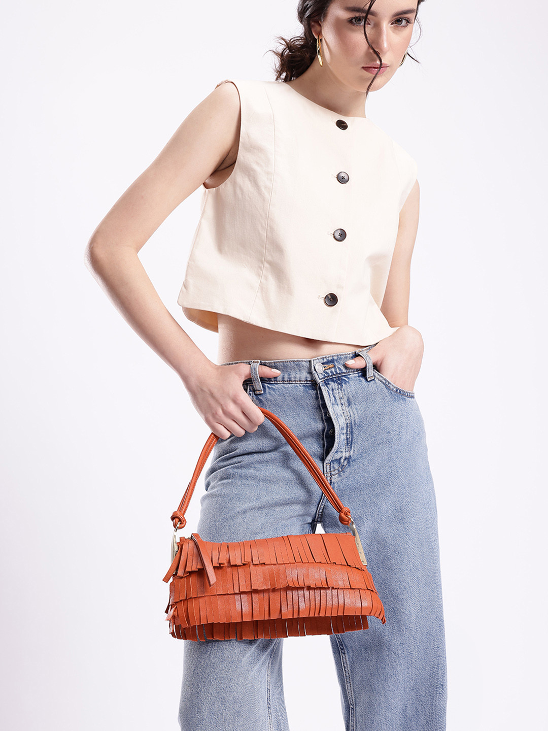 MANGO Leather Baguette Shoulder Bag with Fringed