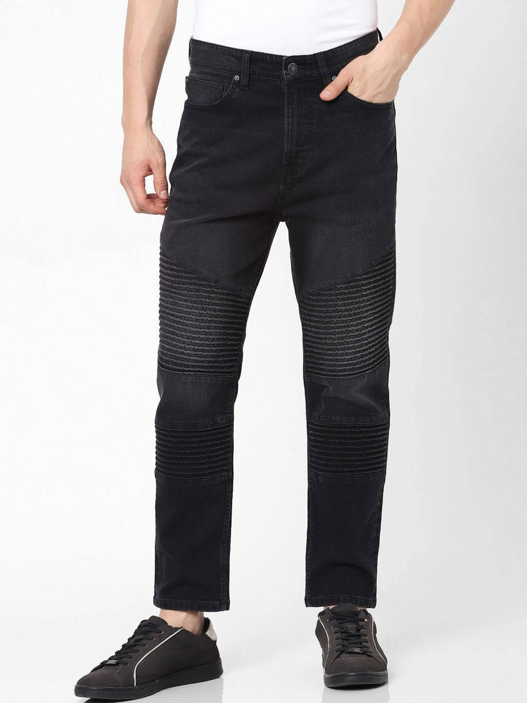 Celio Men Regular Fit Mid-Rise Light Fade Embroidered Biker Stretchable Jeans