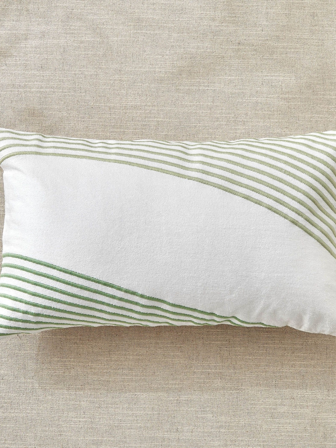 Home Centre Sharon Serene Green & White Embroidered Cotton Rectangle Cushion Cover