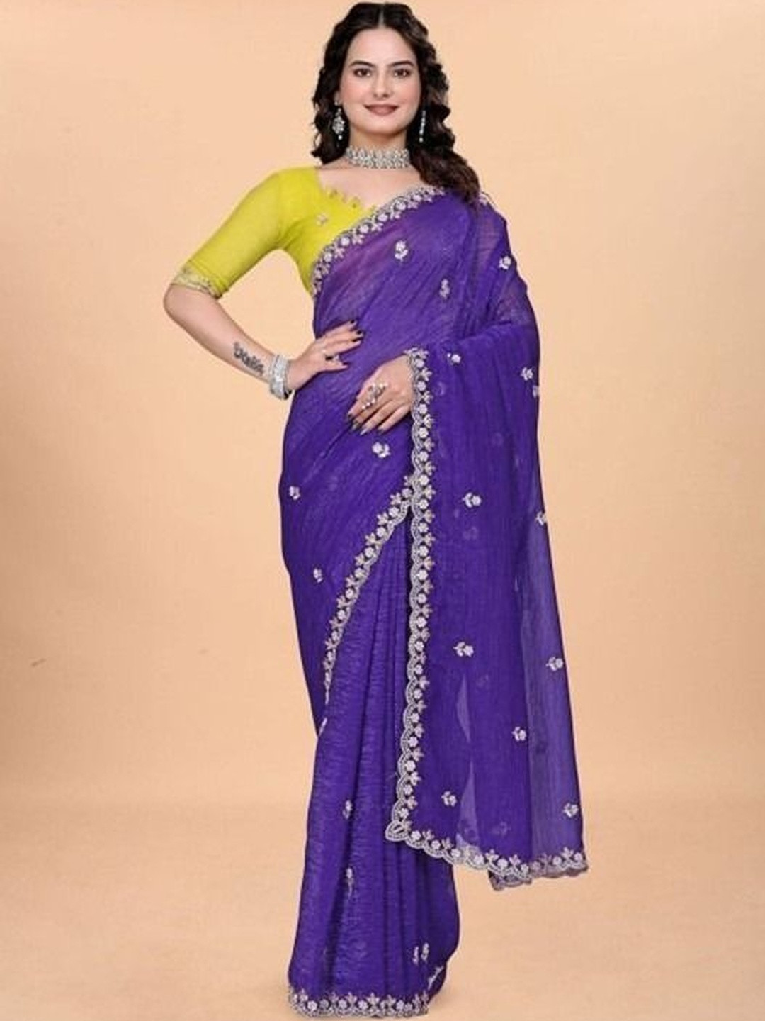 Elite Fashion Purple Pure Chiffon Embroidered Sarees