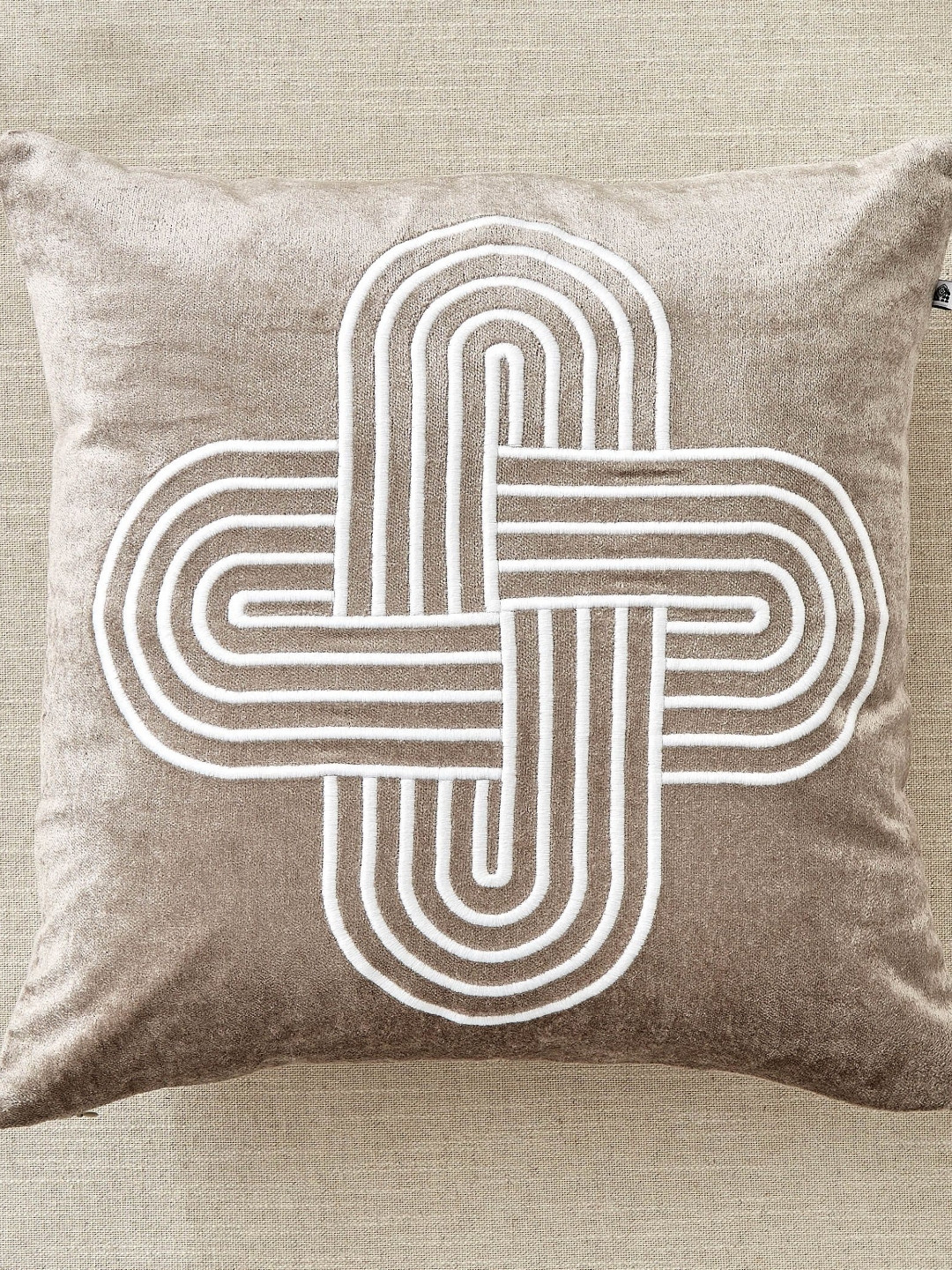 Home Centre Sharon Beige & White Balance Embroidered Cotton Cushion Cover