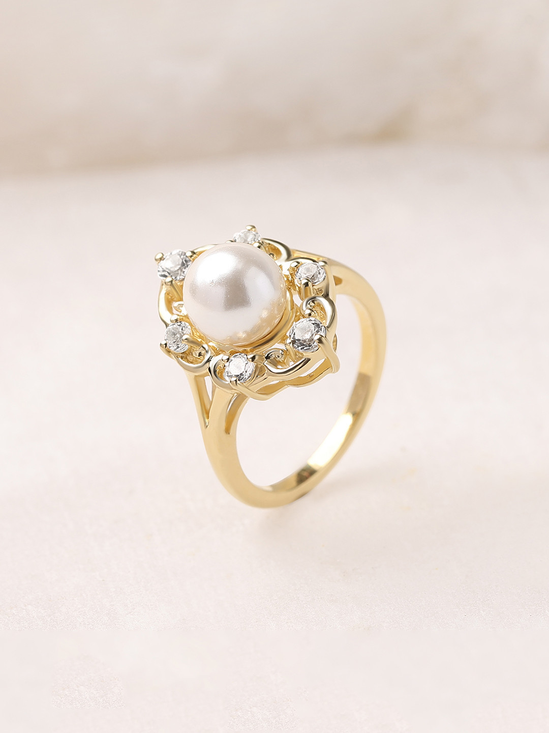 Ornate Jewels 925 Silver 18K Gold Plated Pearl Royalty Finger Ring