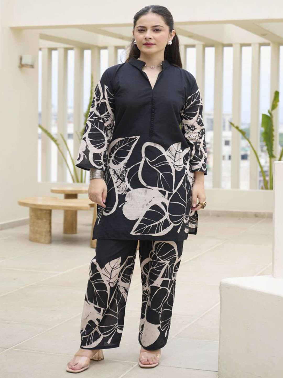 Kiana Printed Mandarin Collar Tunic With Palazzos