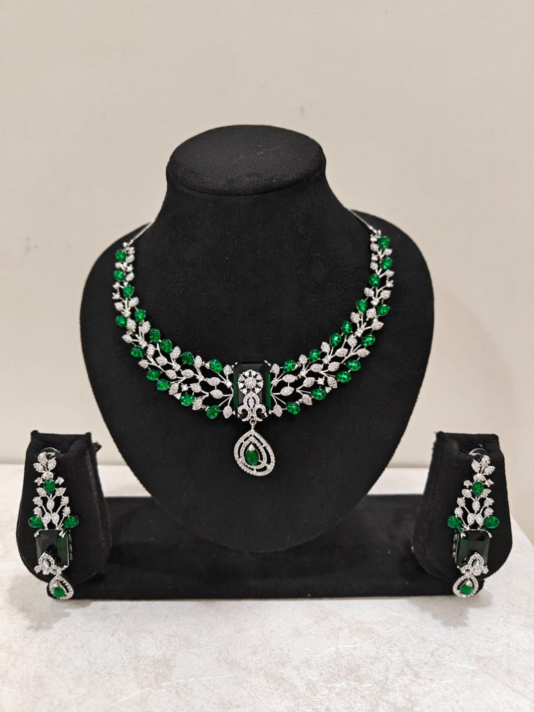THEPANDASTOREE Silver-Plated American Diamond Stone Necklace Set with Earrings