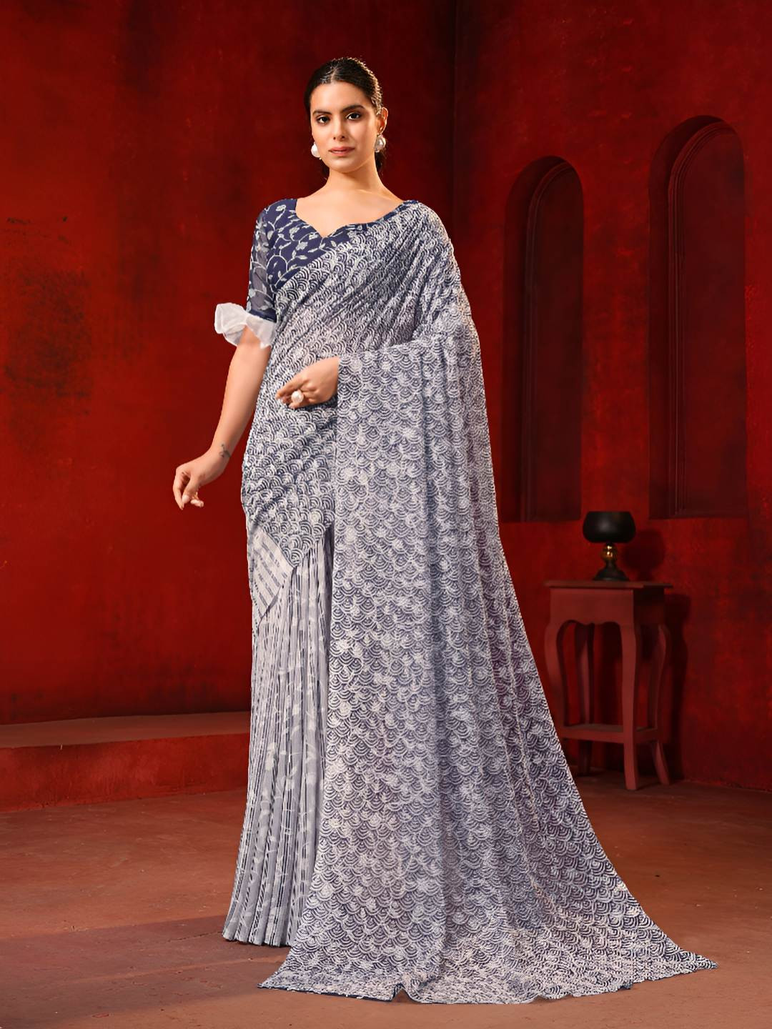 Garden Vareli Floral Printed Belted Saree Wth Blouse