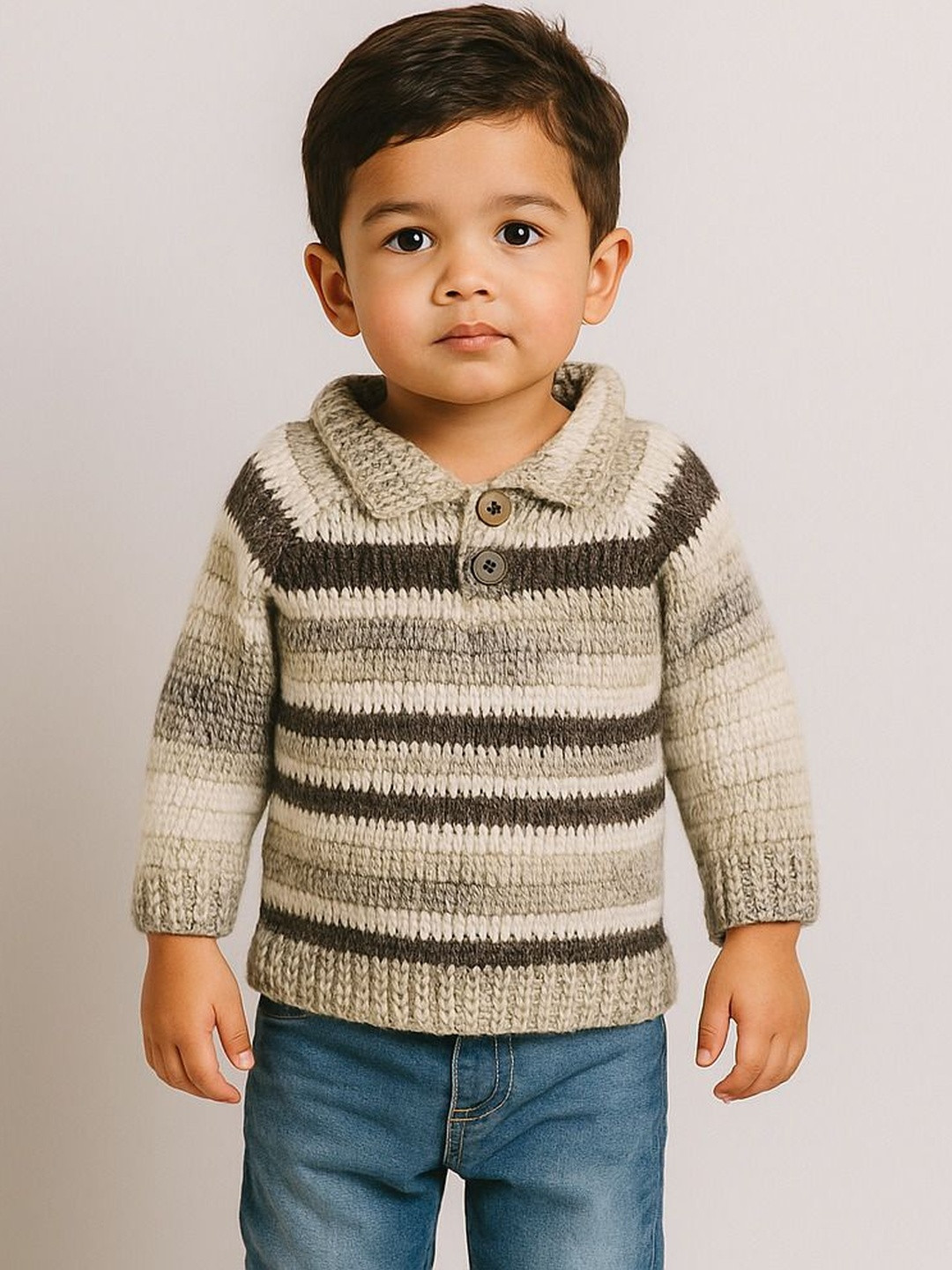 Sabinagarments Kids Unisex Multi Striped Wool Shirt Collar Long Sleeves Sweaters