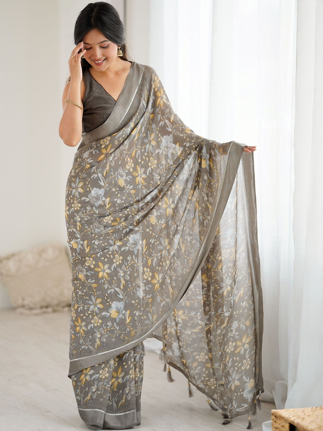 KALINI Grey Satin Printed Sarees