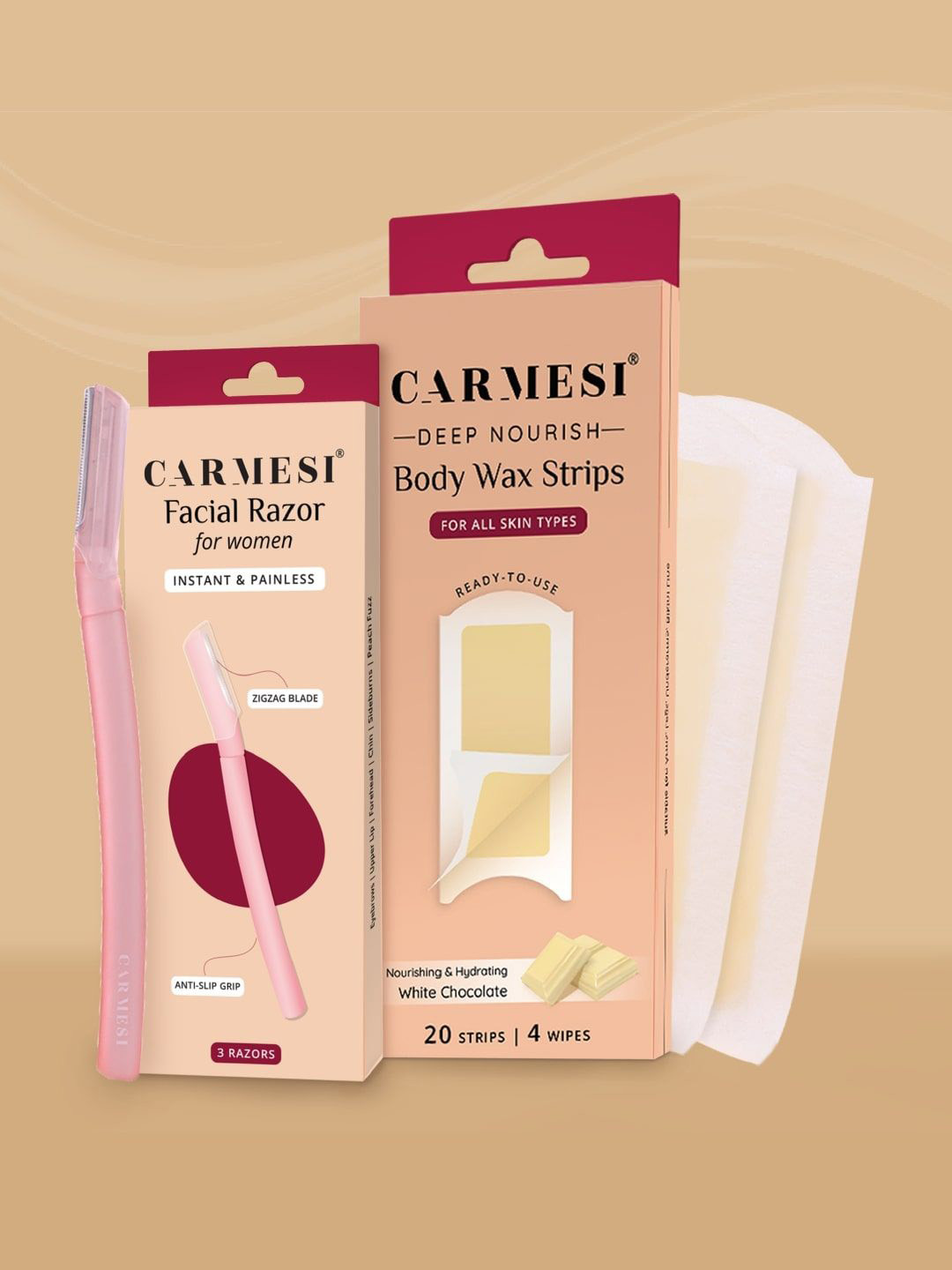 CARMESI Women Set Of 2 Face Razor-3 Pieces & Body Wax Strips-20 Strips + 4 Post-Wax Wipes