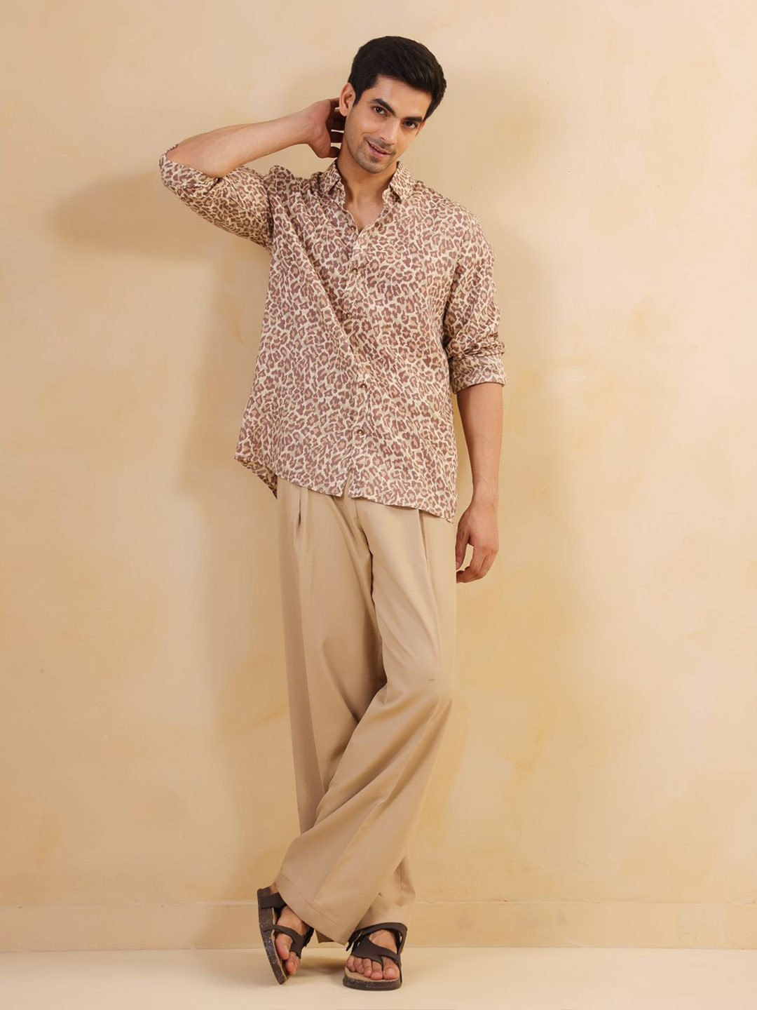TRULOOM Relaxed Fit Semi Sheer Printed Cotton Band Collar Casual Shirt