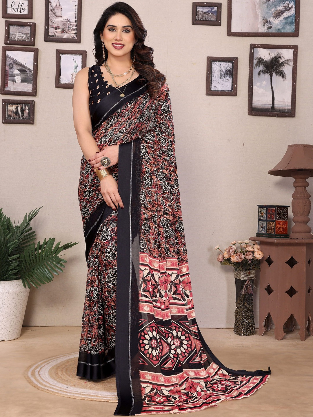 HERE&NOW Women Black Floral Printed Satin Saree With Zari Work