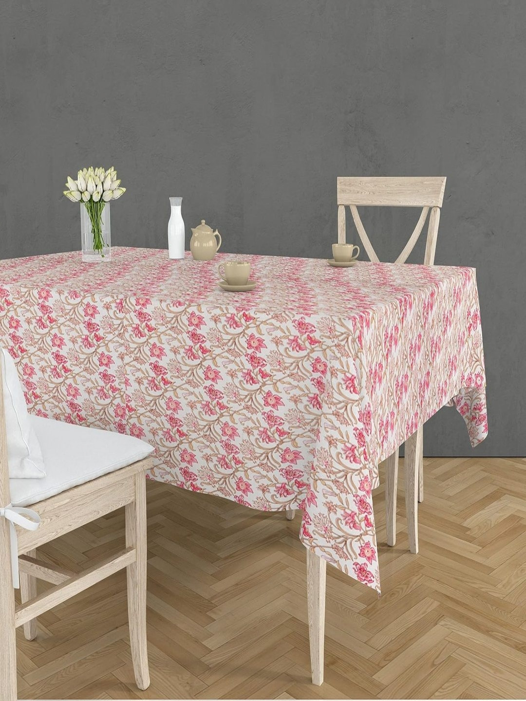 RRC White & Pink Floral Printed Rectangle 6-Seater Table Cover