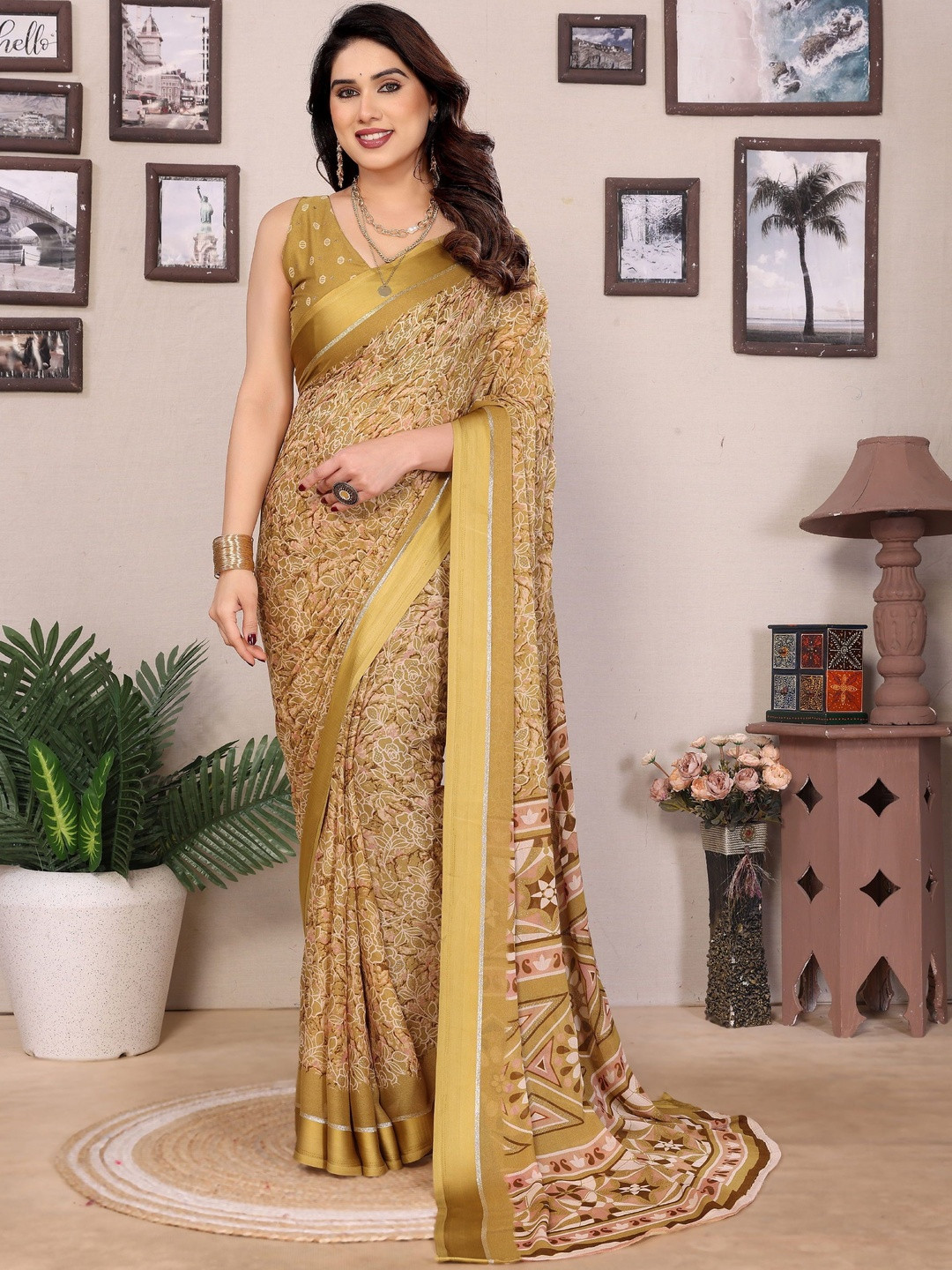 KALINI Yellow Satin Printed Sarees