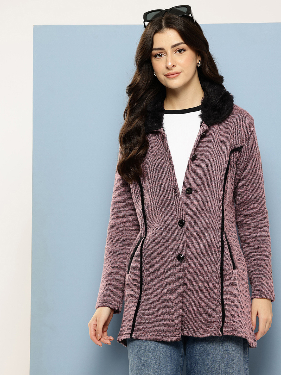 Aarika Horizontally Self-Striped Woollen Longline Button-Down Cardigan with Fur Detail