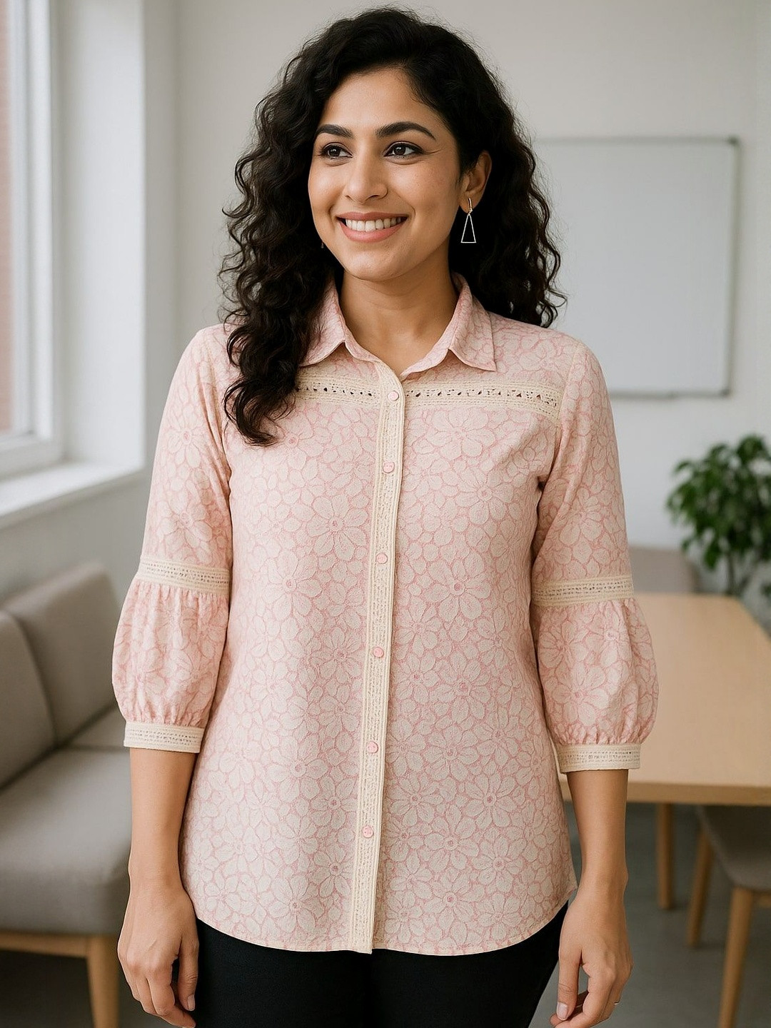 DressBerry Women Pink Classic Floral Printed Semiformal Shirt