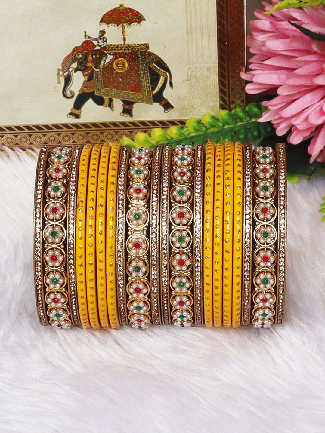 TAJ BRIDAL STORE Set Of 20 Stone Studded & Beaded Lac Bangle