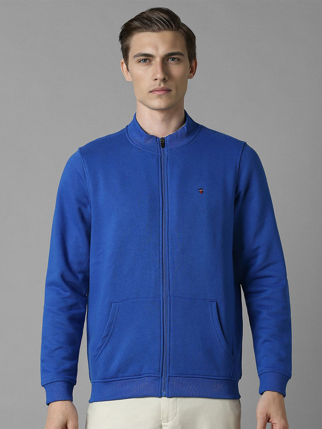 Louis Philippe Sport Men Mock Collar Cotton Front-Open Sweatshirt