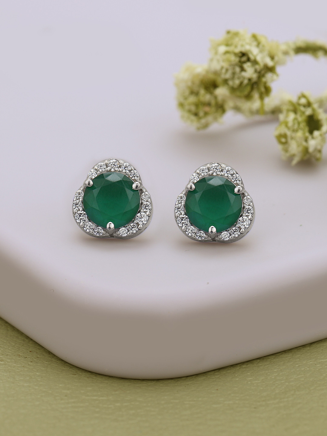 Carlton London Rhodium Plated CZ Emerald Geometric Stud Earring