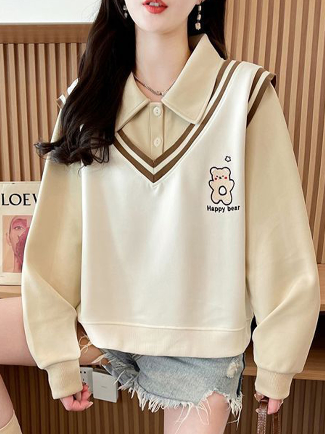 Happy Bear Graphic Shirt Collar Regular Sweatshirt