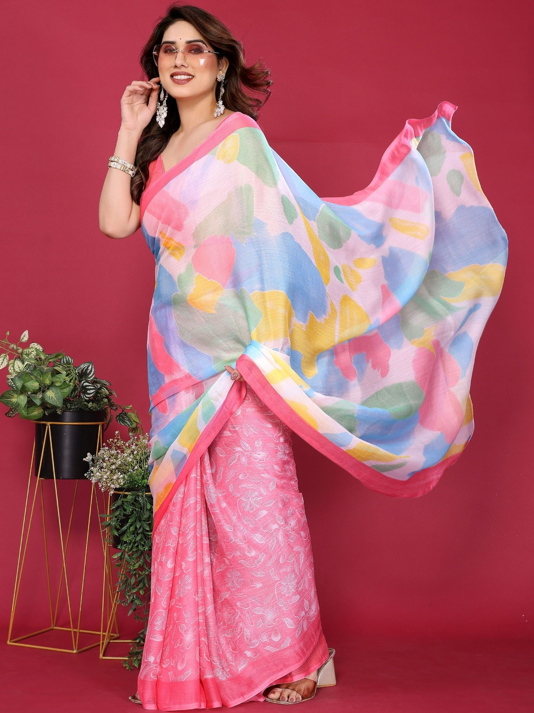 DIVASTRI Women Prink Pure Chiffon Printed Saree
