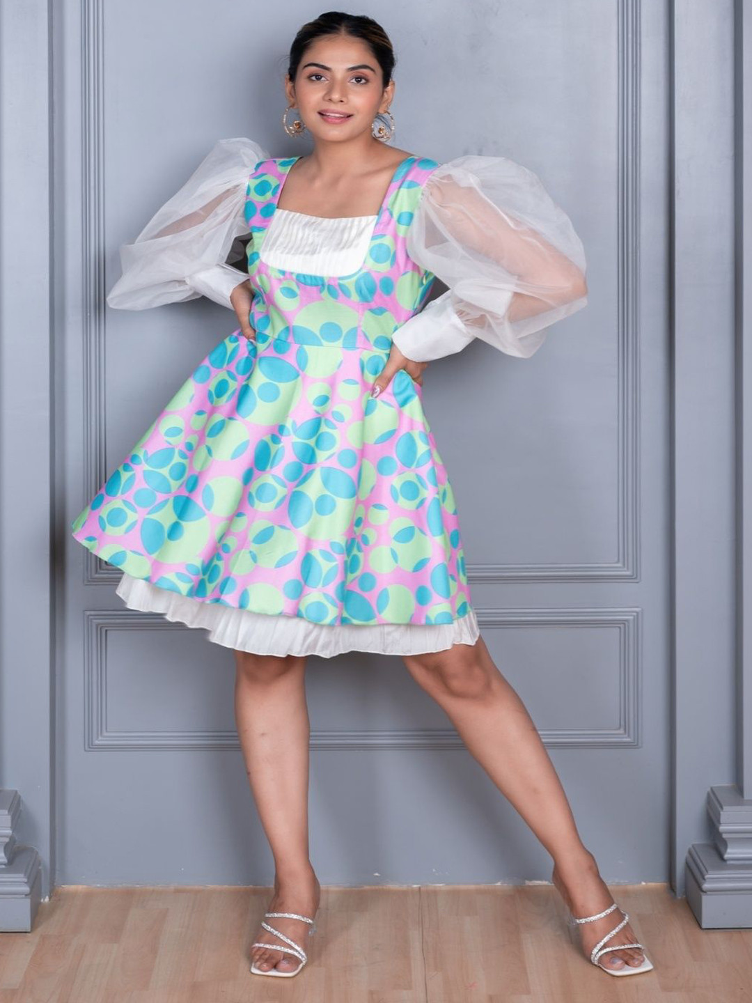 Pearls and Pastels Women Square Neck Puff Sleeves Fit and Flare Dress