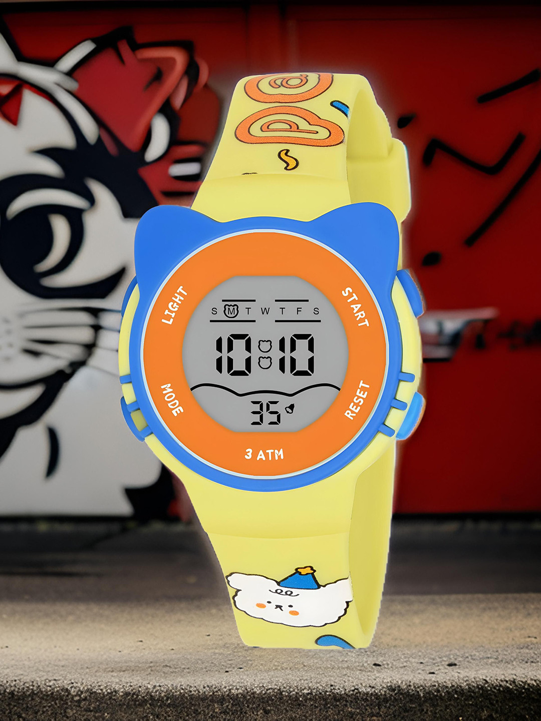 Otage Kids Printed Dial & Textured Straps Digital Multi Function Watch 2206-Cat-Yellow
