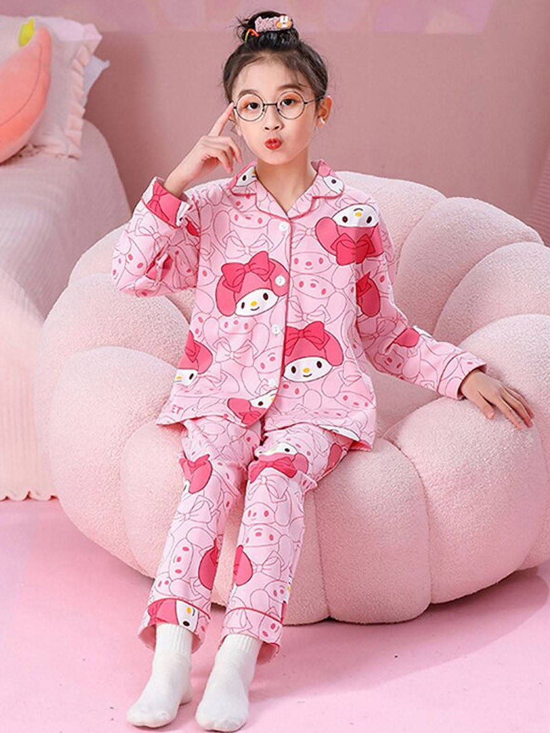 4JSTAR Girls Printed Lapel Collar Night Suit