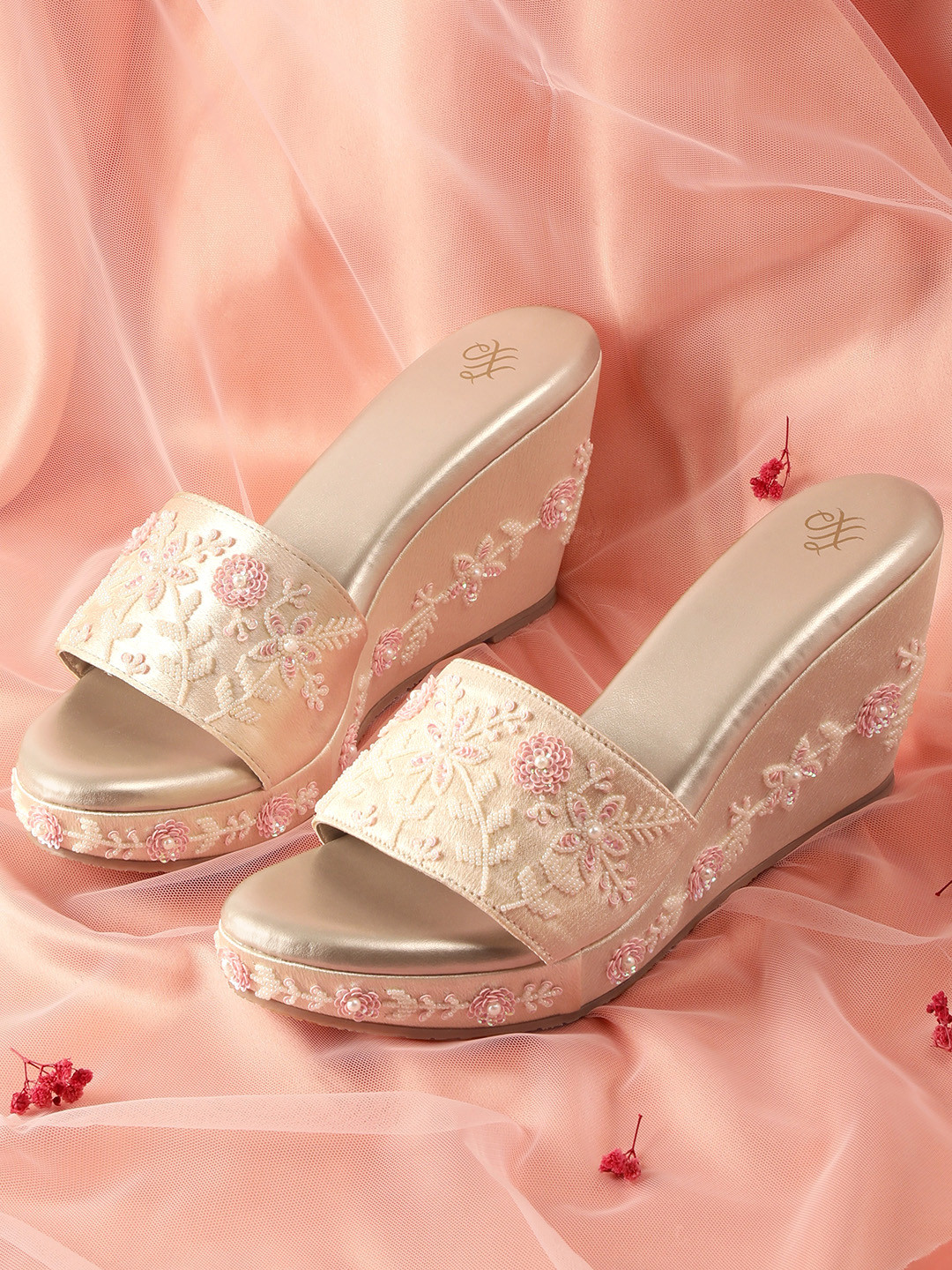 House of Pataudi Embellished Floral Wedge Heels