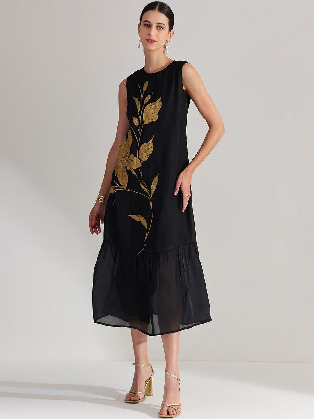 Pink Fort Women Black & Gold Silk Floral Statement Print Dress