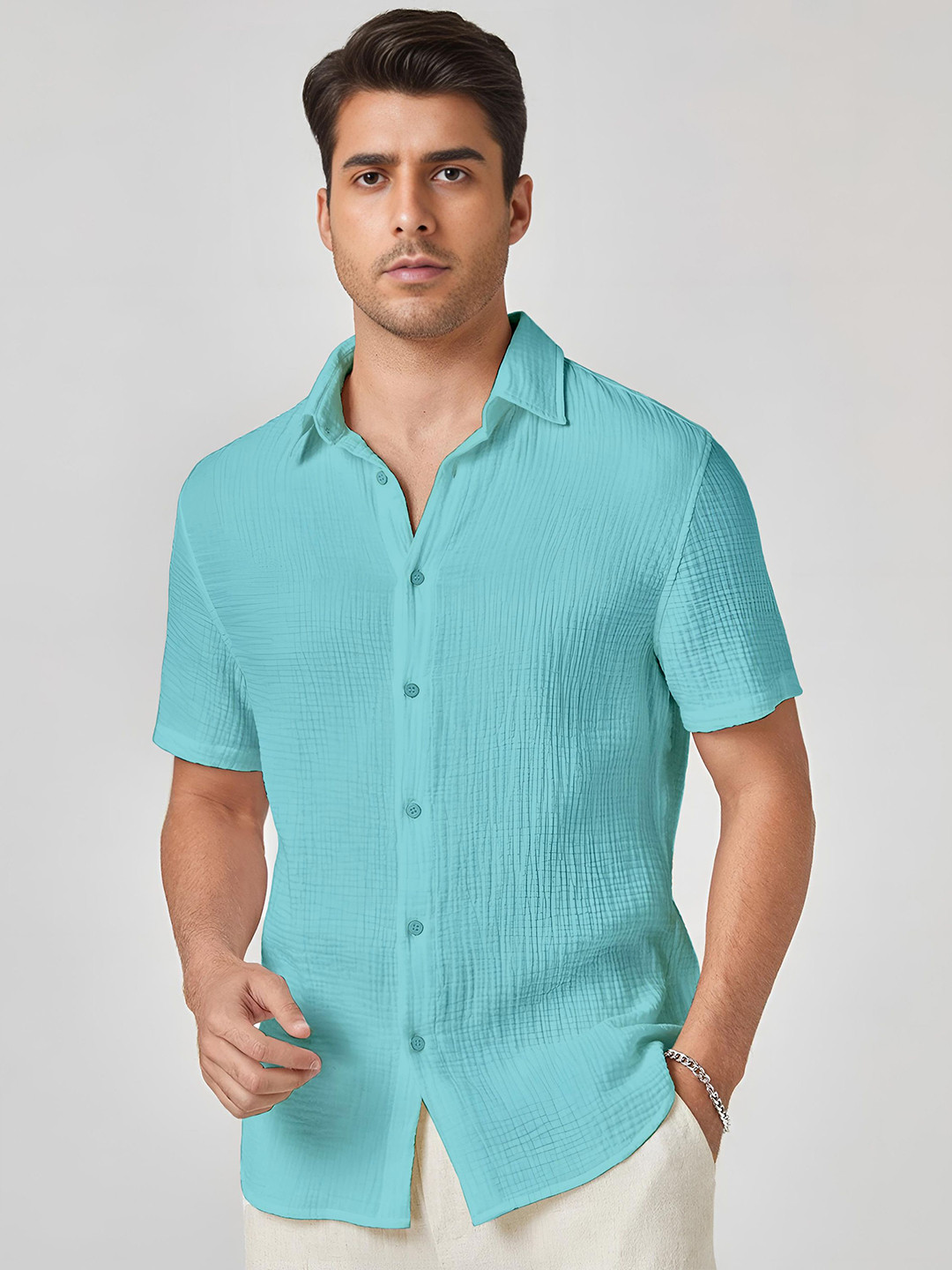 WEBRIC Standard Spread Collar Textured Cotton Opaque Shirt