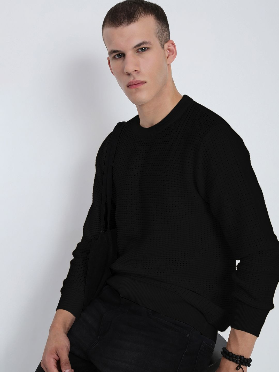 SHOWOFF Men Black Ribbed Round Neck Sweater