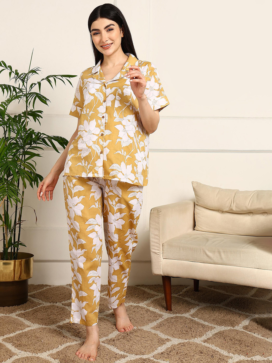 ETC Mustard White Colour Women's Night Suit