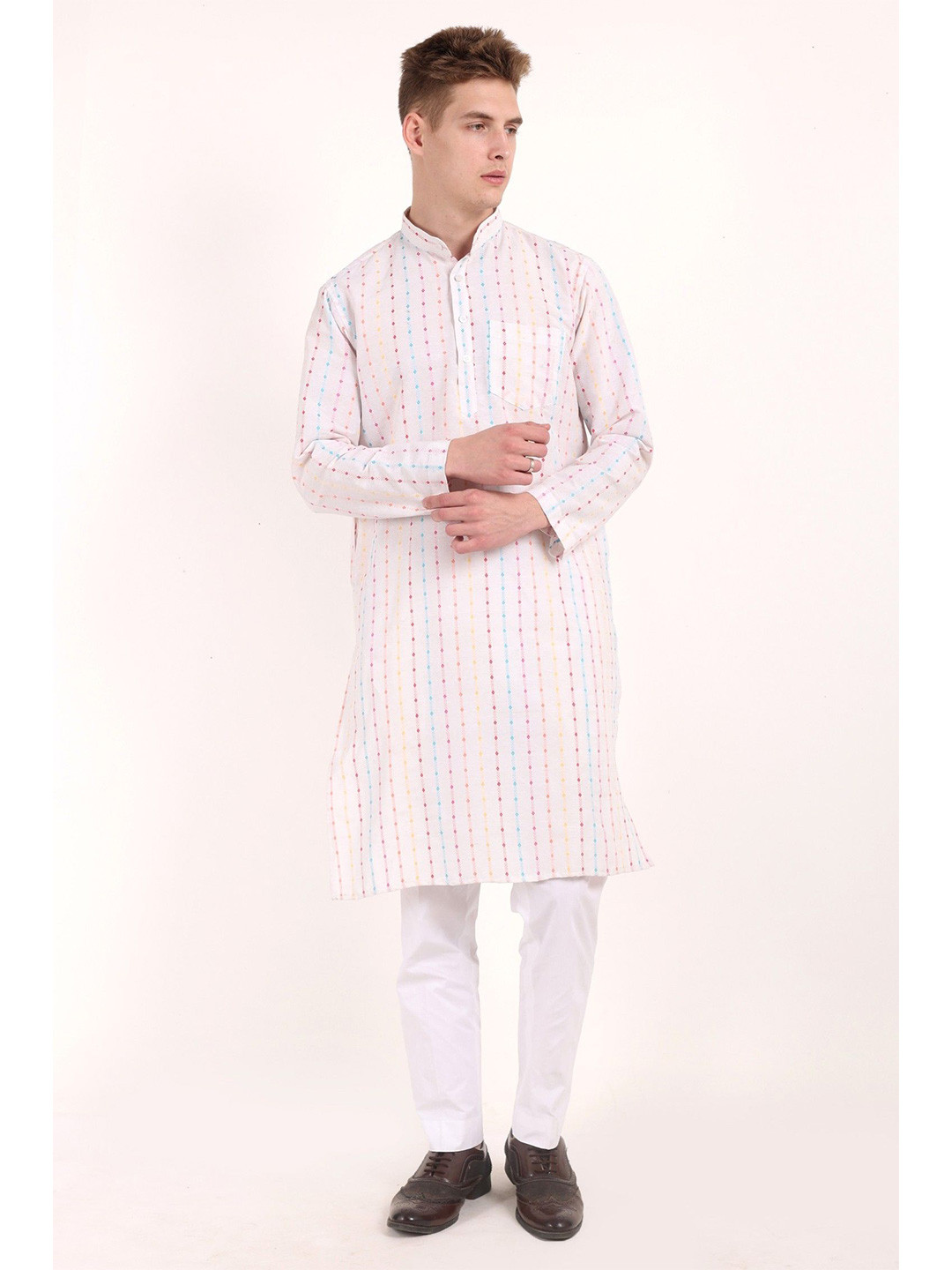 QUMASH FASHION Striped Mandarin Collar Chikankari Khadi Cotton Kurta