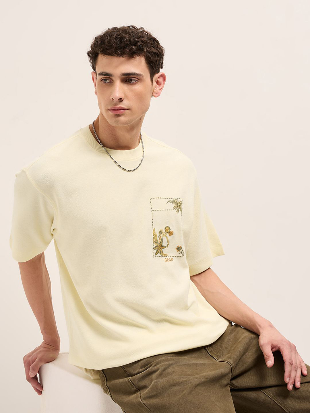 THE BEAR HOUSE Embroidered Pure Cotton Oversized Drop-Shoulder Sleeves T-shirt