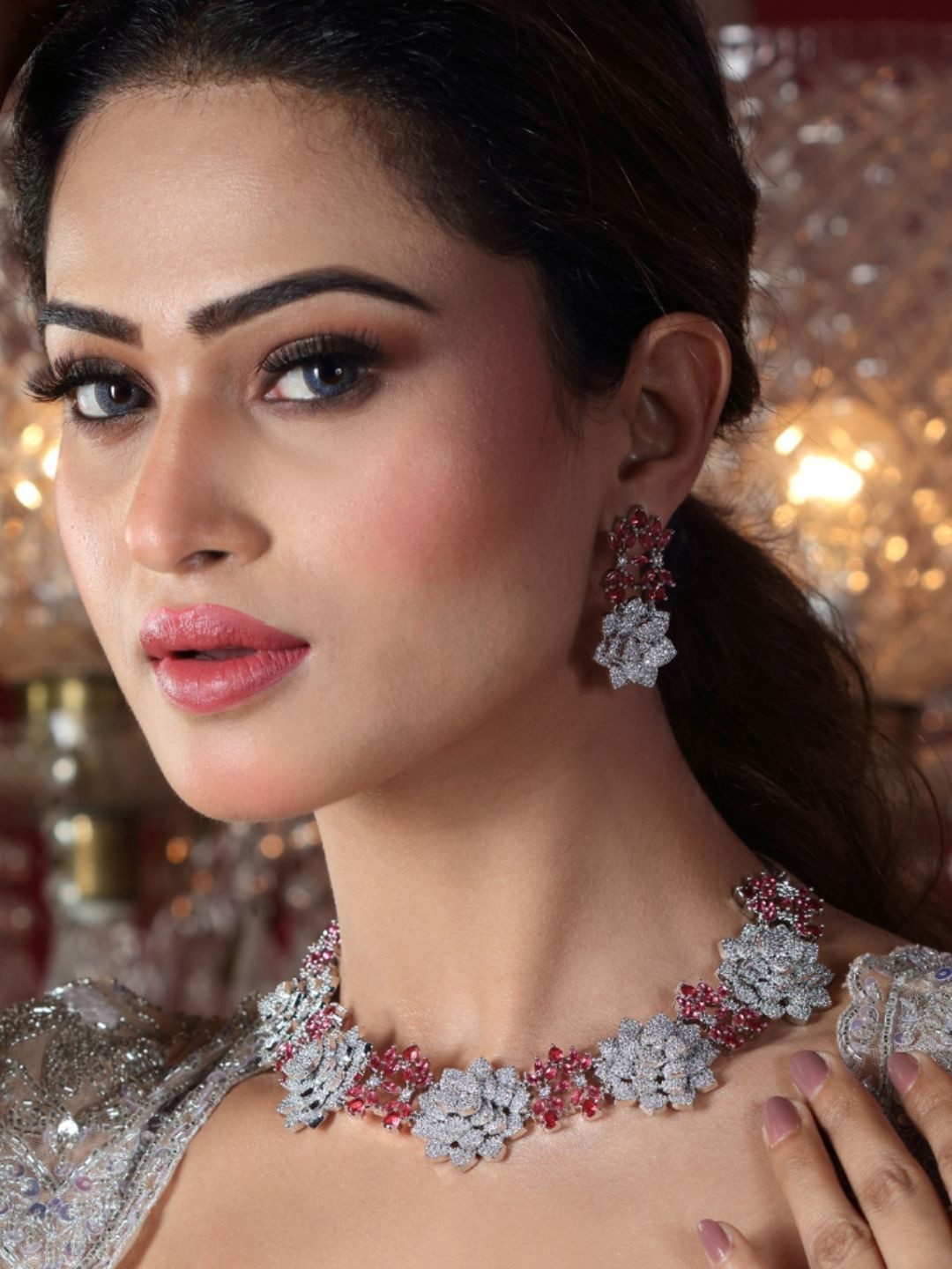 IKSAVA Silver-Plated American Diamond Studded Rose-Motif Necklace & Drop Earrings