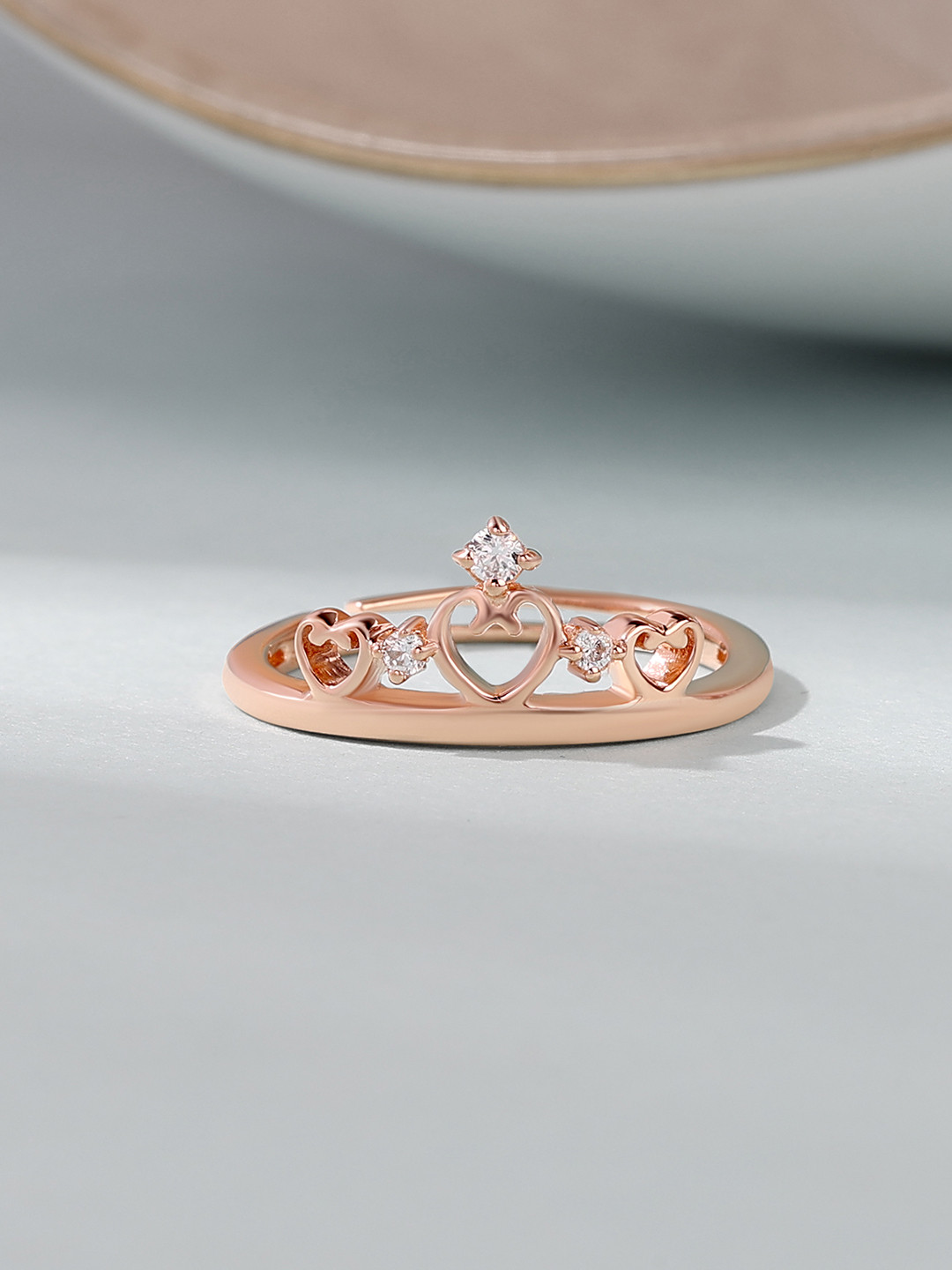 Ornate Jewels 925 Silver Rose Gold Plated AD Studded Crown Tiara Adjustable Finger Ring