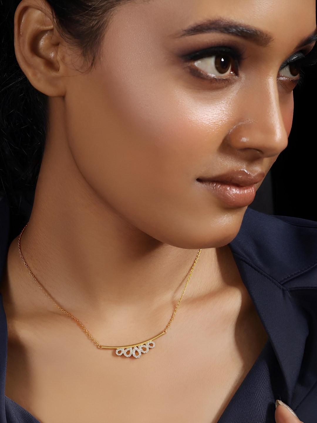 Tweov Sterling Silver Gold-Plated CZ Studded Open Crown Shaped Minimal Necklace