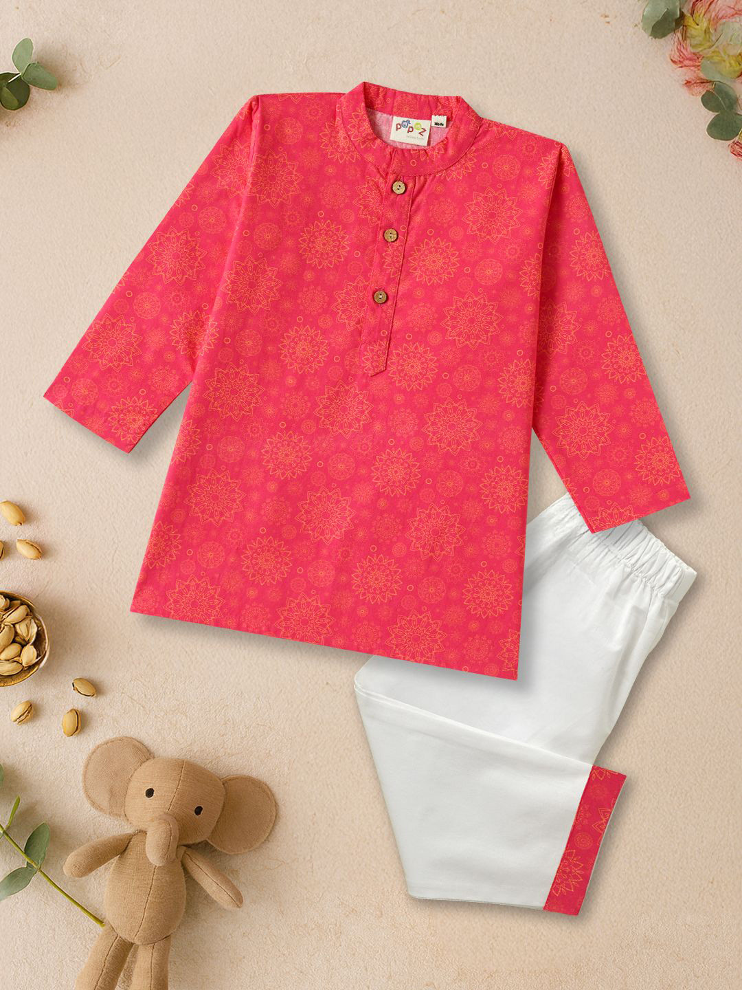 Desi Soota Boys Peach Circle Mandala Motif Printed Pure Cotton Kurta with Pyjamas