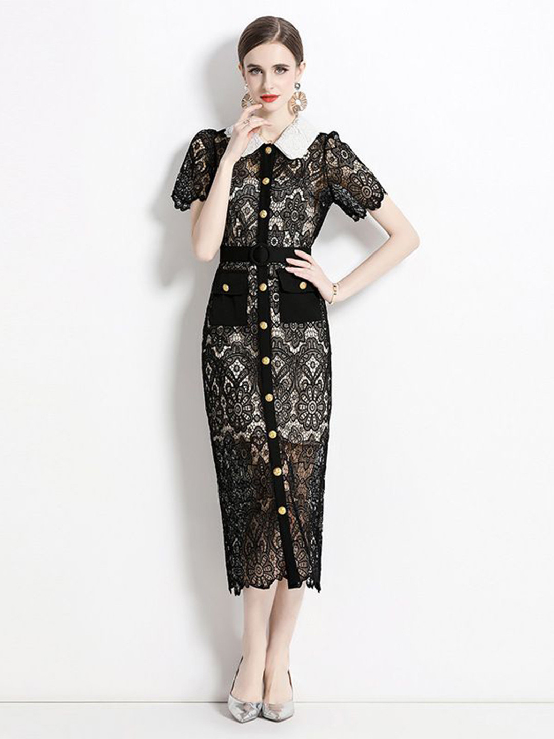 bebe Black Lace Contrast Collar Short Sleeves Belted Button Front Sheath Midi Dress