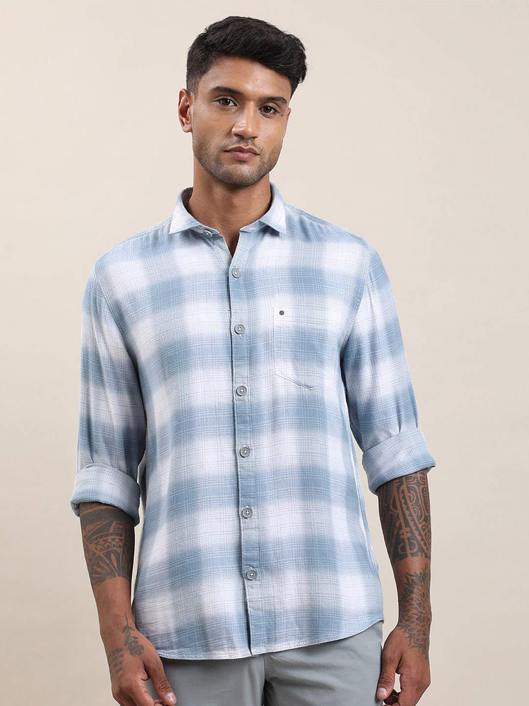 Turtle Relaxed Slim Fit Other Checks Checked Spread Collar Shirt