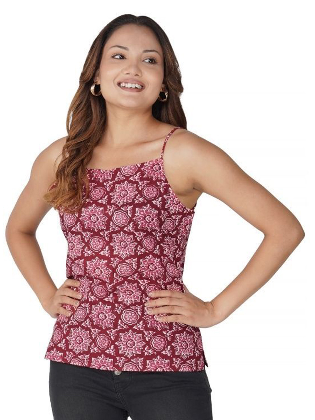 30 Looks Women Maroon Mandala Cotton Printed Strap Top