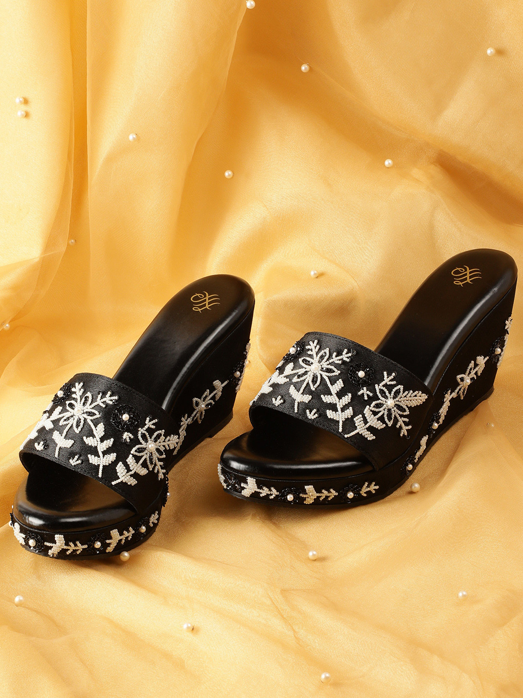House of Pataudi Bead Embellished Floral Wedge Heels