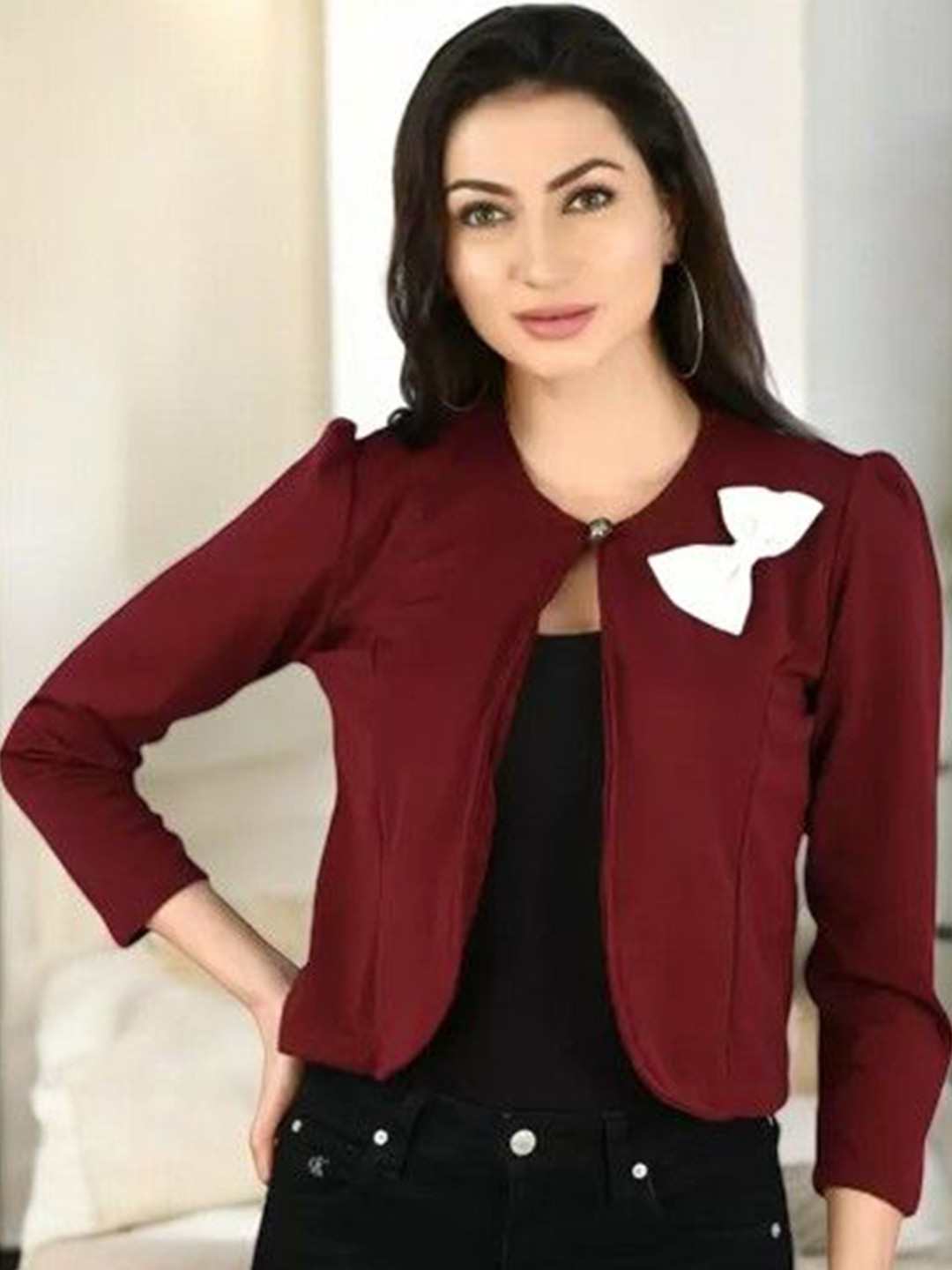 ZEUGEN Open Front Cropped Jacket Shrug With Bow Accent