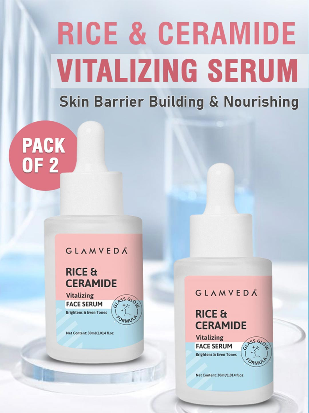 GLAMVEDA Set Of 2 Glass Skin Korean Rice Water & Ceramide Vitalizing Serum - 30ml each