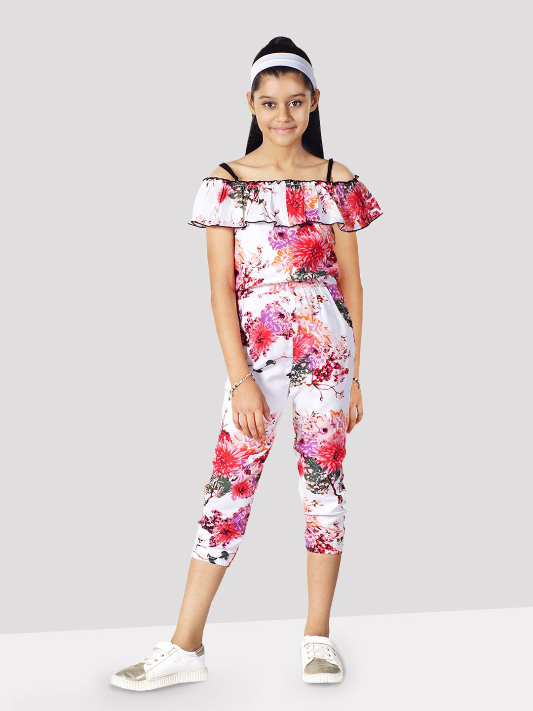 Naughty Ninos Girls Floral Printed Ruffles Off-Shoulder Basic Jumpsuit